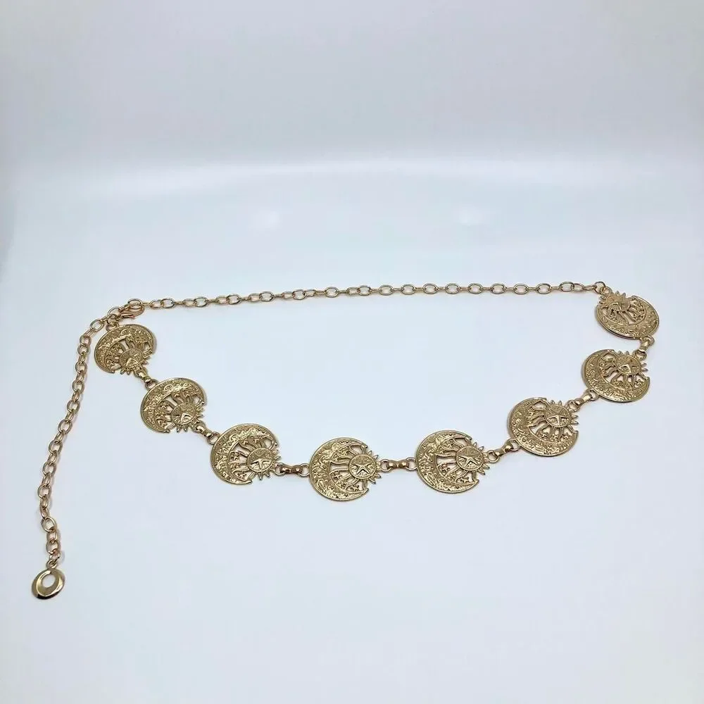 Vintage Y2K Celestial Gold Sun and Moon Chain Belt, Up to 40 Inches, X7GA1147